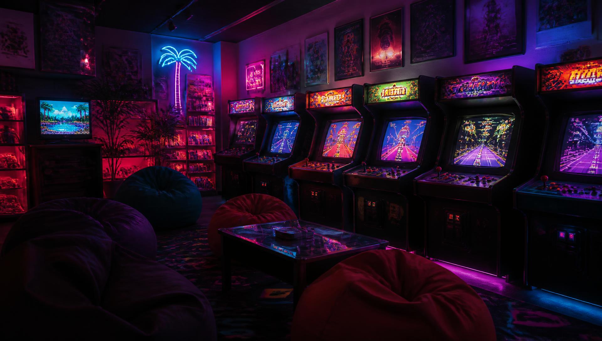 Free-to-play arcade lounge with glowing cabinets